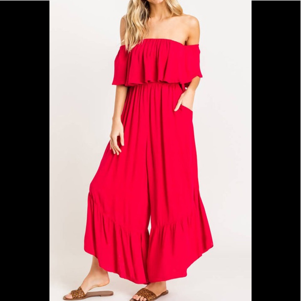 Red Ruffle Off The Shoulder Jumpsuit